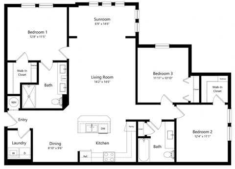 Three Bedroom Floor Plan | 1,395 Sq. Ft. at The Sedona Luxury Apartments in Tampa FL